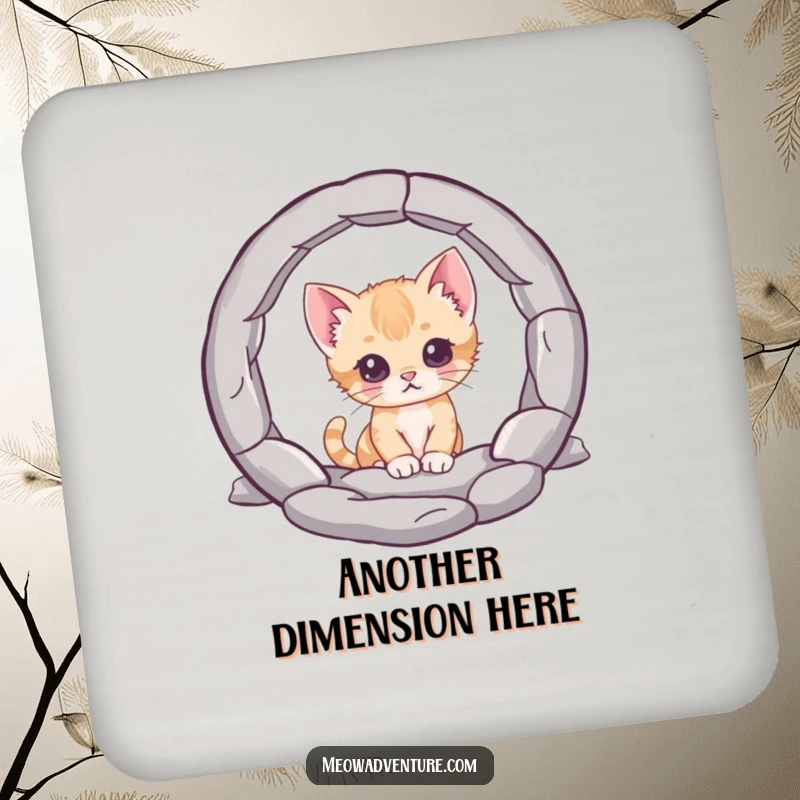 Funny drink coaster, a curious kitten character peering into a mysterious portal, adding whimsical charm and intrigue to table protection.