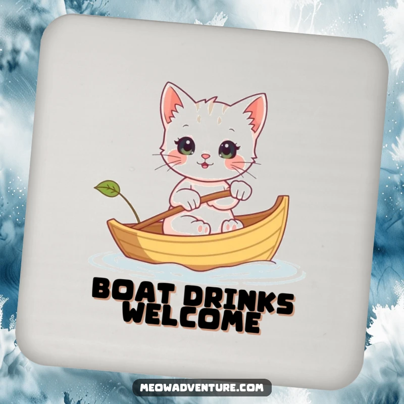 Funny drink coaster featuring a kitten rowing a leaf boat, adding a charming and humorous touch to table protection.