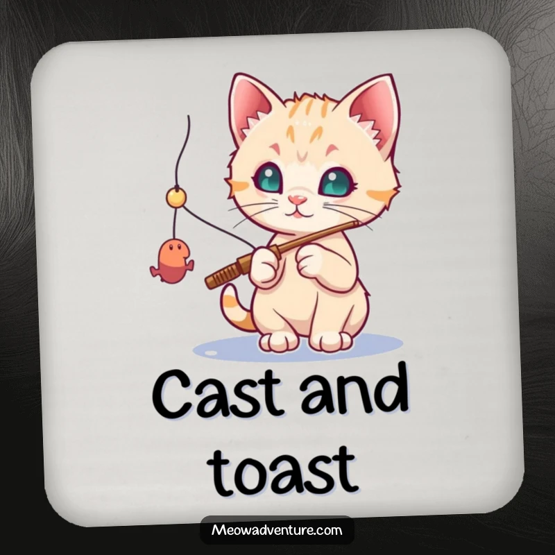 Funny cat coaster: a curious kitten with a fishing rod, trying to catch a dangling toy mouse, protecting a table.
