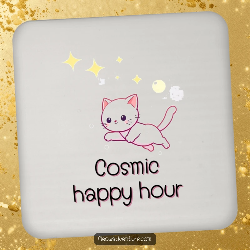 Funny set of drink coasters featuring a playful kitten leaping through a starry sky, chasing a luminous moonbeam.