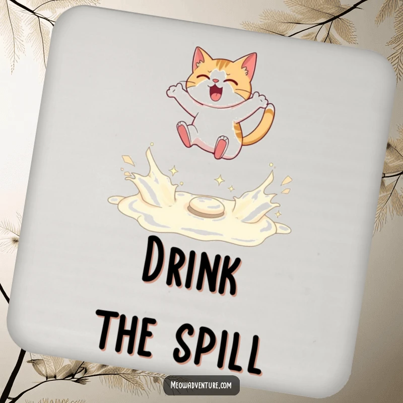 Funny coasters with a determined cat leaping over spilled milk, protecting surfaces with resilience.