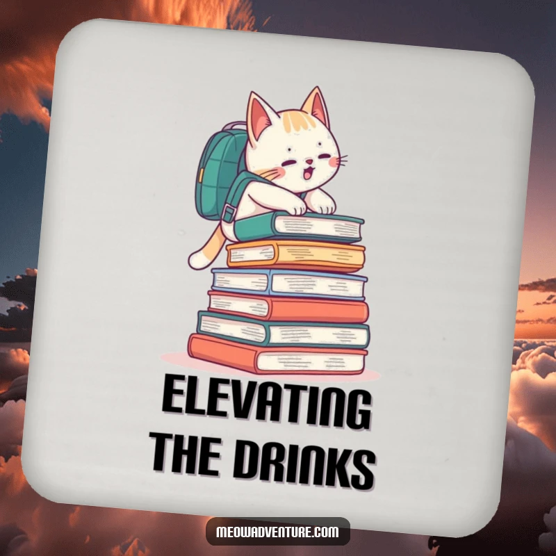 Funny cat with a backpack climbing a stack of books, printed on a round coaster.