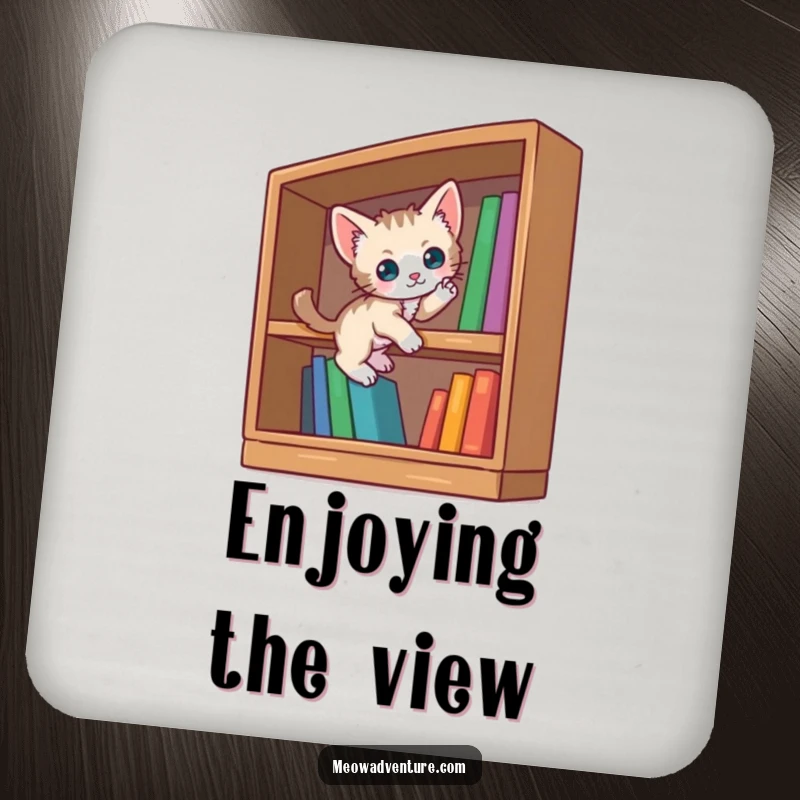 Funny curious kitten coasters set showing a small cat scaling an oversized bookshelf. Protects furniture with literary humor.