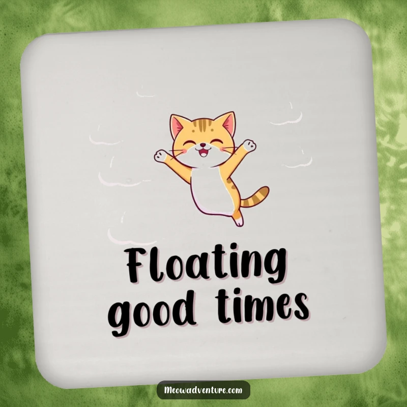 Funny agile cat jumping between cartoonish clouds, guarding your drinks on this humorous coaster.