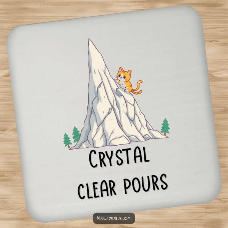 Funny Cat Coaster: A brave cat scales a crystal mountain, adding humorous charm and surface protection to your space.