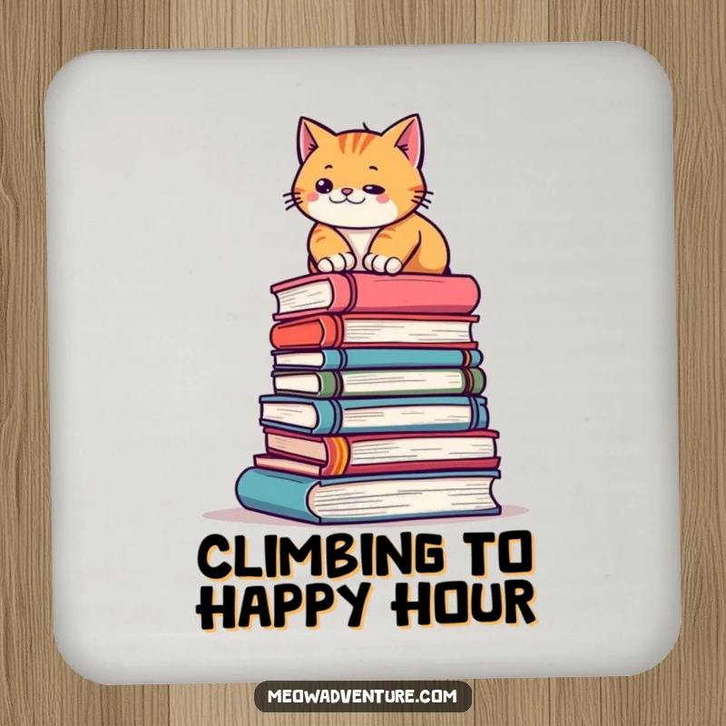 Funny coaster depicting a cat climbing a stack of books, offering humorous surface protection for book lovers' tables.