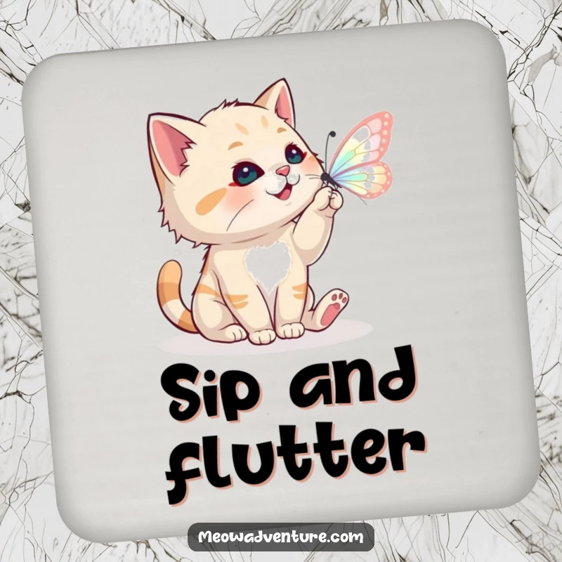 Funny coasters depicting a playful cat batting at a magical butterfly, protecting tables with whimsy.