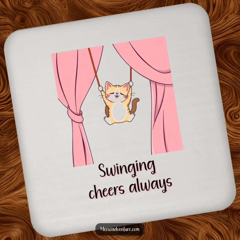 Funny drink coasters showcasing a mischievous cat swinging from a curtain like a trapeze artist, protecting tables with humor, great funny gift.