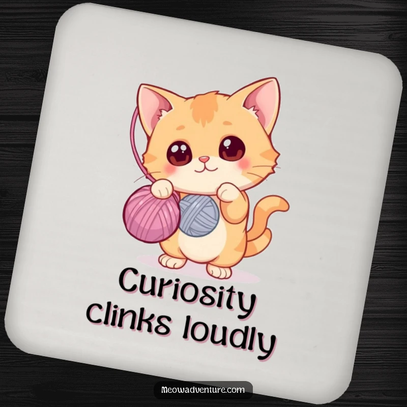 Funny drink coasters showcasing a curious cat with wide eyes batting at a yarn ball, protecting tables with humor, great funny gift.