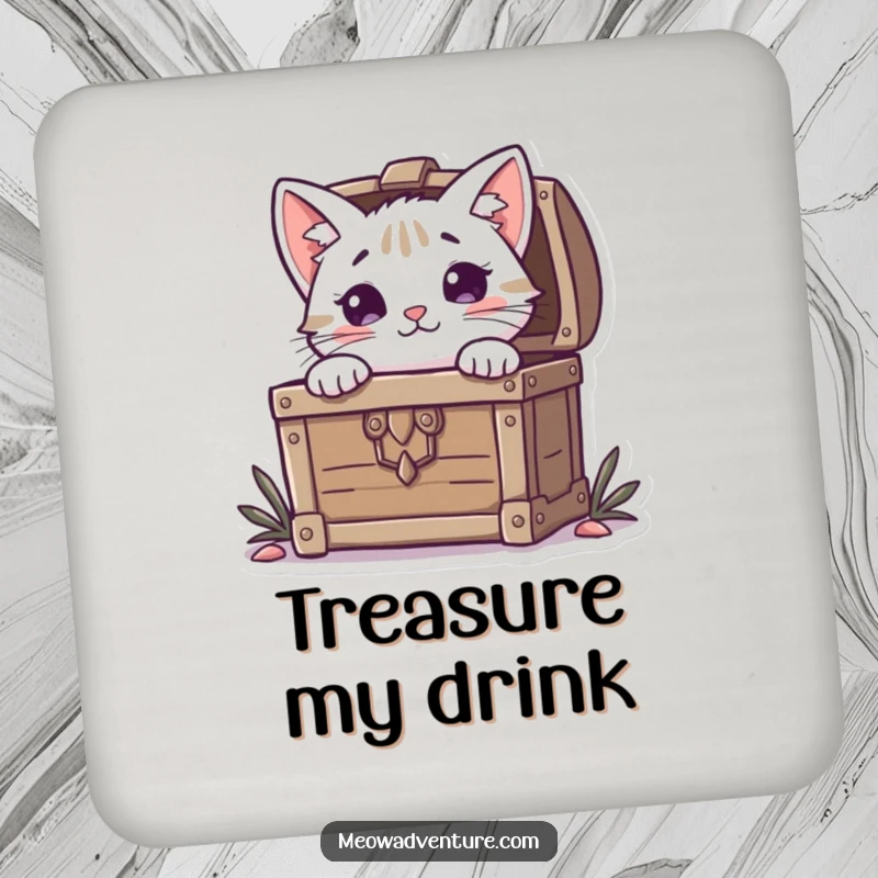 Funny Cat Coaster: A curious cat peeks from a treasure chest, adding humorous charm and surface protection.