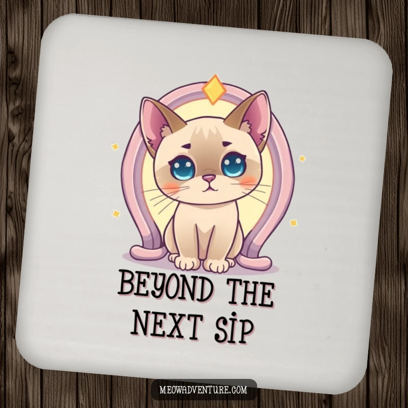 Funny Curious Siamese Cat Portal Drink Coaster with a Siamese cat looking into a glowing portal. A functional and humorous accessory.