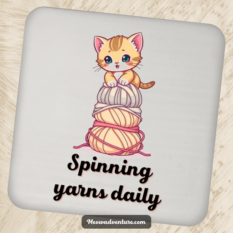 Funny Determined Kitten Yarn Drink Coaster with a kitten scaling a huge pile of yarn. A functional and humorous accessory.