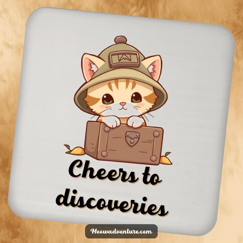 Funny explorer kitten coasters set showing a brave cat in an explorer hat, peering into a chest. Protects furniture with charm.