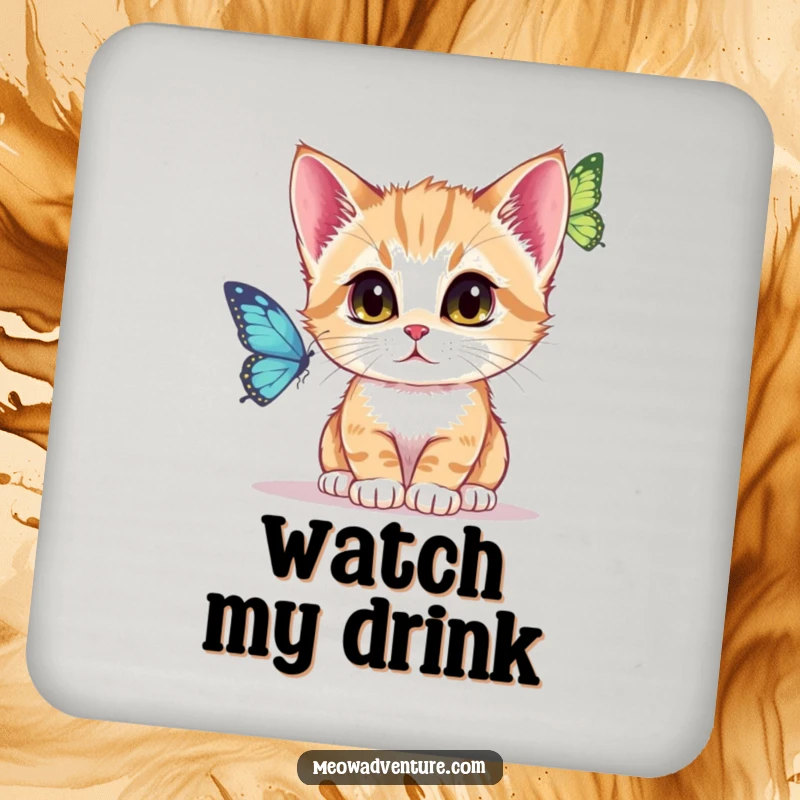 Funny Drink Coaster featuring a kitten intently watching a butterfly, adding a focused charm to your table.