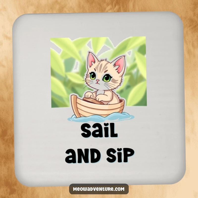 Funny drink coaster with a determined kitten sailing on a tiny leafy boat, protecting furniture with adventurous, humorous flair.