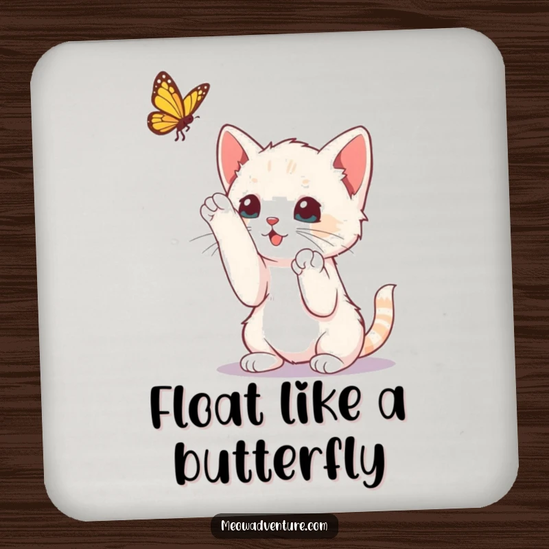 Funny curious kitten batting at a butterfly, depicted on coasters, adding playful charm to tabletops.
