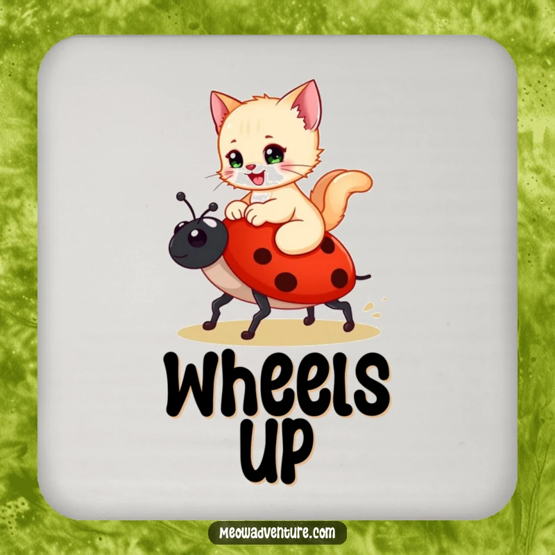 Funny drink coaster featuring a happy kitten riding a ladybug like a steed, protecting surfaces with whimsical charm.