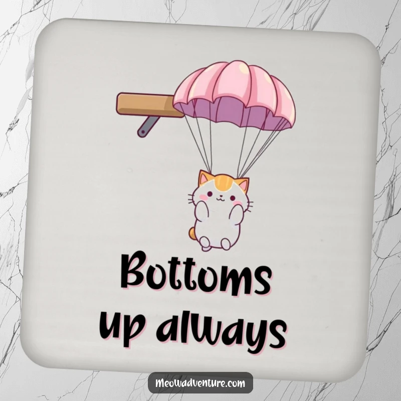 Funny cat coaster: fluffy cat with a small parachute, descending gently from a high shelf, protecting a table from a drink.