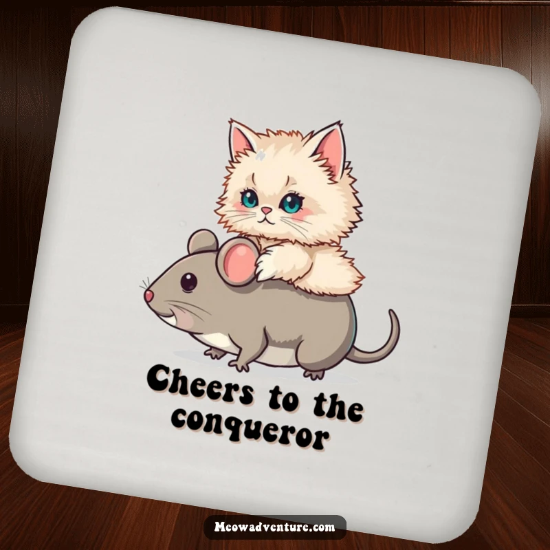 Funny Persian Cat Mouse Ride Drink Coaster with a fluffy Persian cat riding a large toy mouse. A functional and humorous accessory.