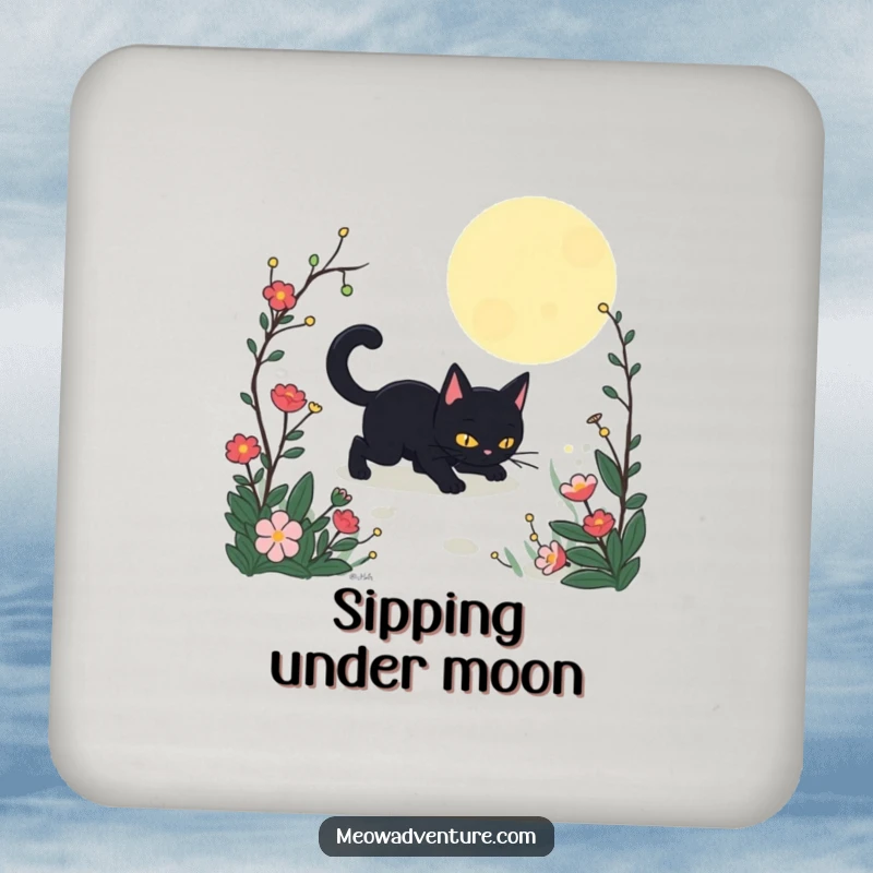 Funny Stealthy Black Cat Garden Drink Coaster with a black cat sneaking through a moonlit garden. A functional and humorous accessory.