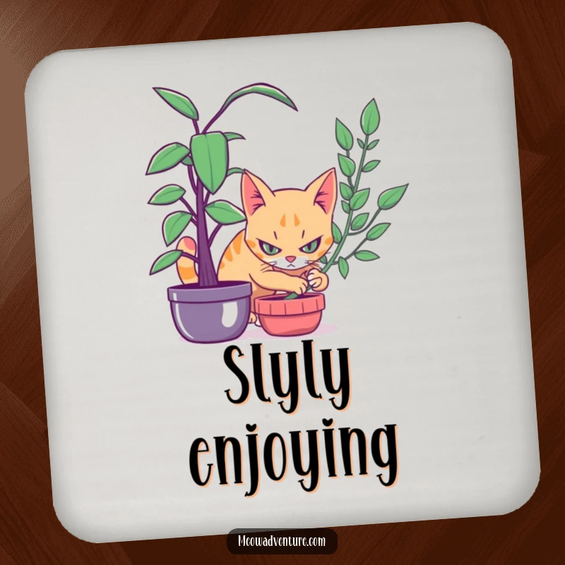 Funny drink coaster depicting a stealthy cat intensely focused, peeking out from behind a houseplant, adding a humorous touch.