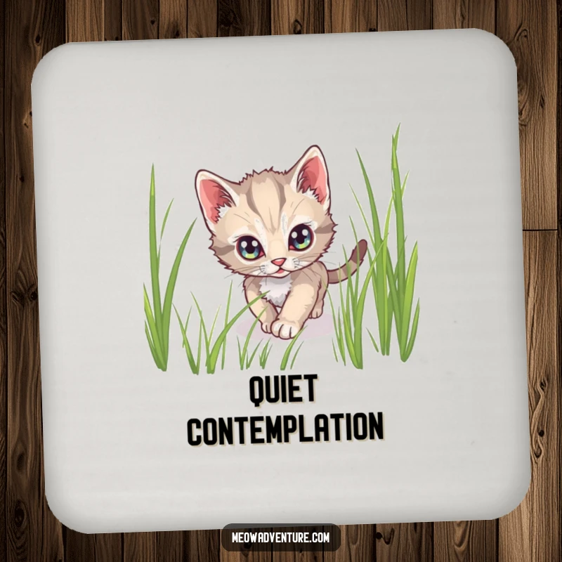 Funny drink coaster featuring a stealthy kitten with wide, alert eyes tiptoeing through tall grass, adding intrigue.
