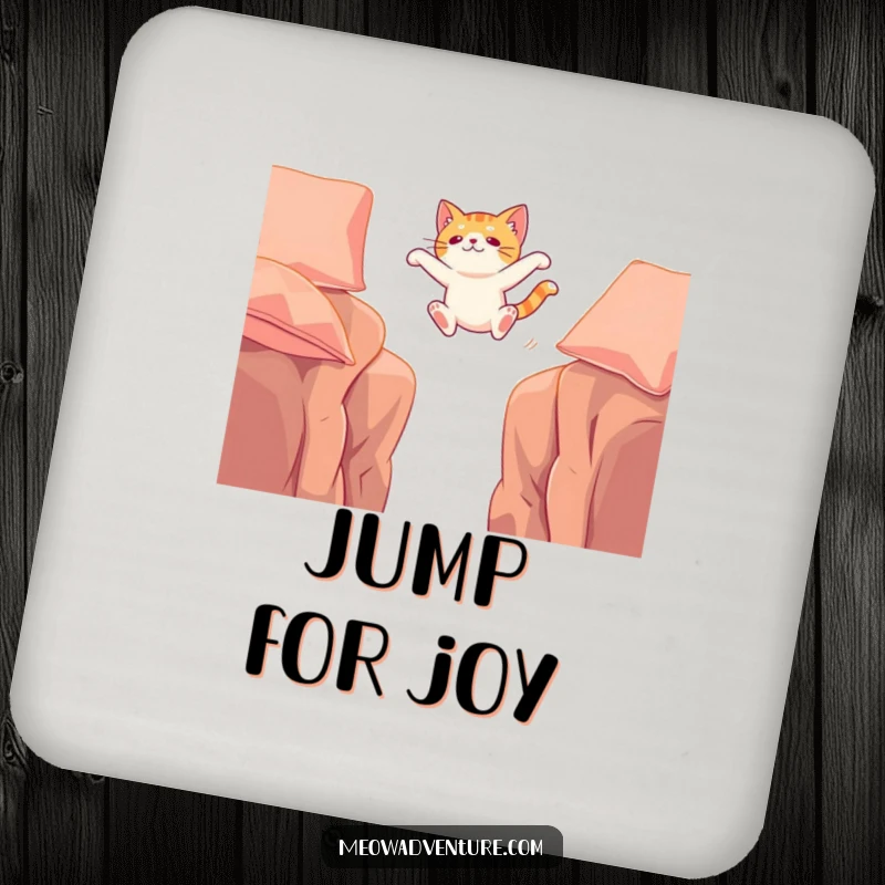 Funny drink coaster showing a cat making a daring leap between sofa cushions, perfect for adding a touch of excitement.