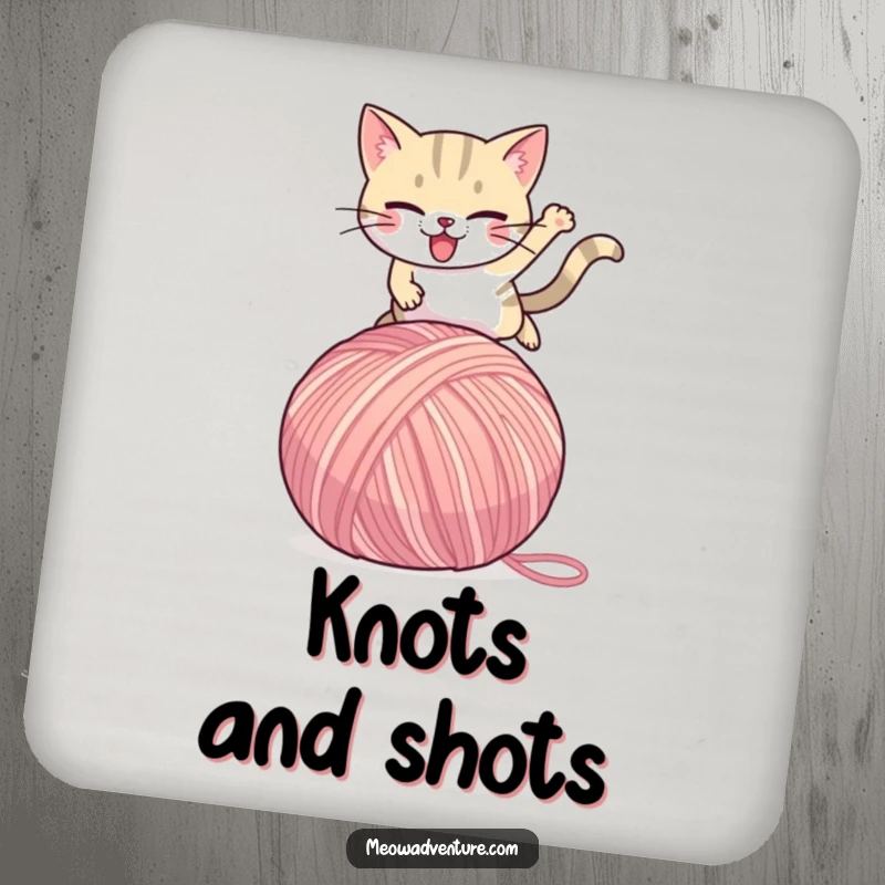 Funny Cat Coaster: A determined cat leaps over a giant yarn ball, protecting surfaces with a humorous feline action.