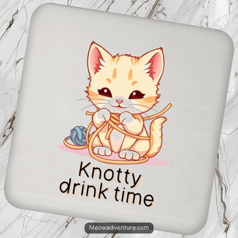 Funny Drink Coaster featuring a smirking kitten hilariously tangled in yarn, adding playful charm to your table.