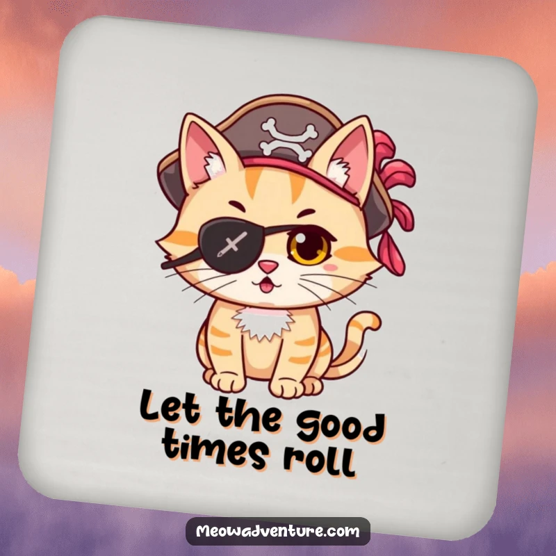 Funny mischievous cat pirate with an eye patch and hat, looking adventurous, on a round coaster.