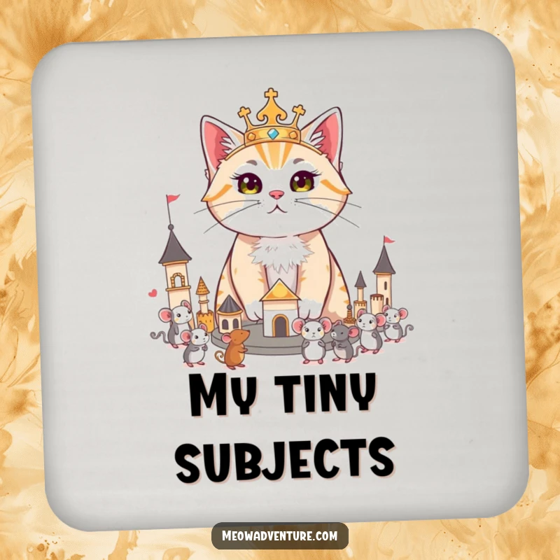 Funny coasters showcasing a regal cat surveying its miniature kingdom of toy mice, offering stylish surface protection.