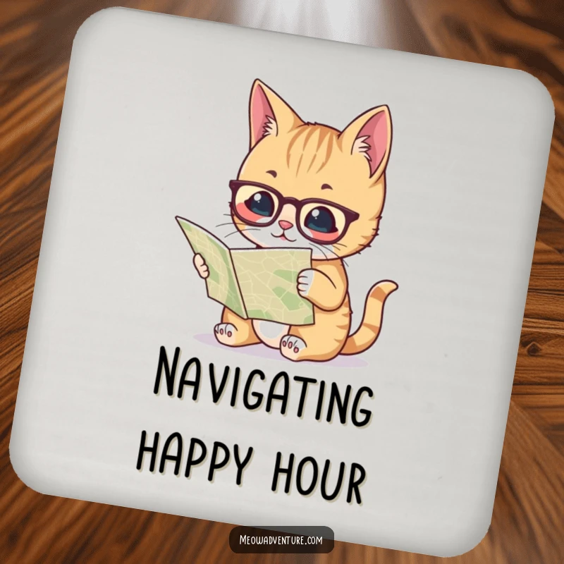 Funny coaster depicting a cat with glasses reading a map, offering humorous and intellectual protection for tables.