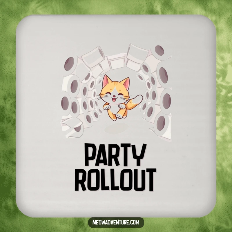 Funny swift cat dashing through a tunnel of toilet paper rolls, guarding your drinks on this humorous coaster.