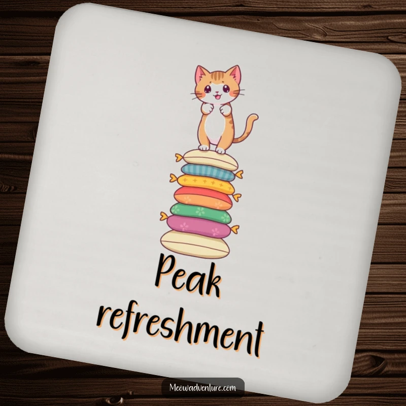 Funny coasters with a brave cat climbing a tall stack of colorful cushions, protecting surfaces bravely.