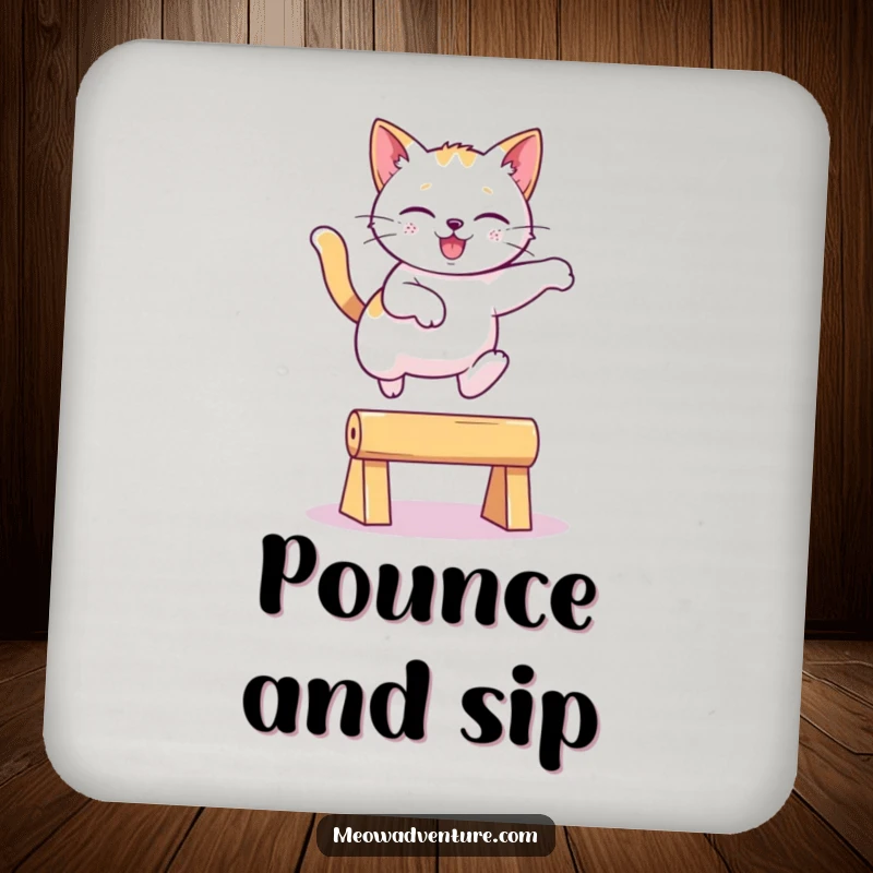 Funny playful cat leaping gracefully over an imaginary obstacle on a protective drink coaster, a charming and funny gift.