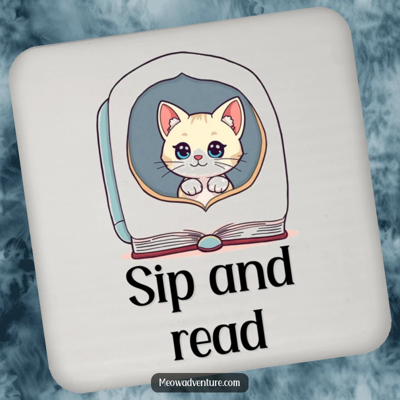 Funny coasters with a curious cat peeking from a large book, protecting surfaces with humor.
