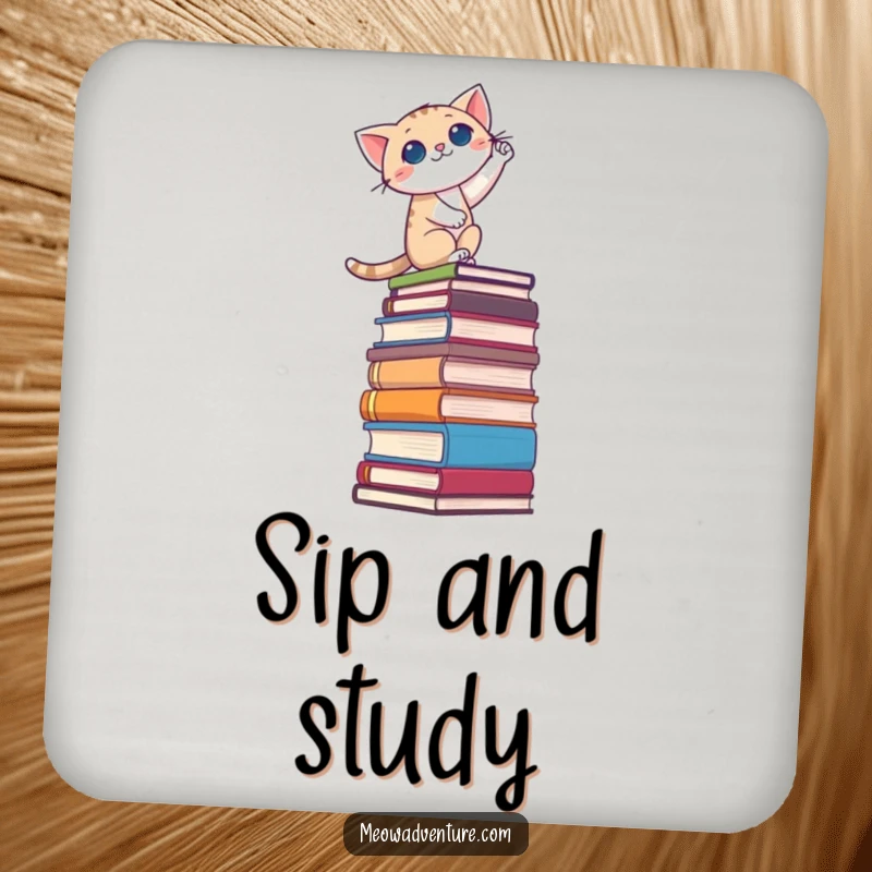 Funny drink coaster showing a cat bravely climbing a towering stack of books, perfect for adding a touch of literary charm.