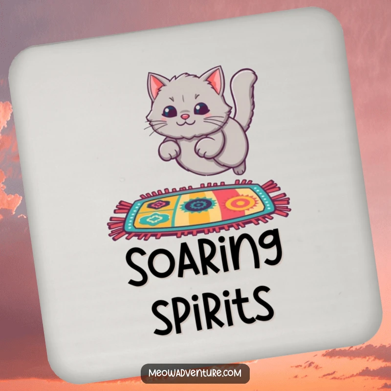 Funny Cat Rug Leap Drink Coaster with a fluffy grey cat leaping onto a colorful rug, offering playful protection.