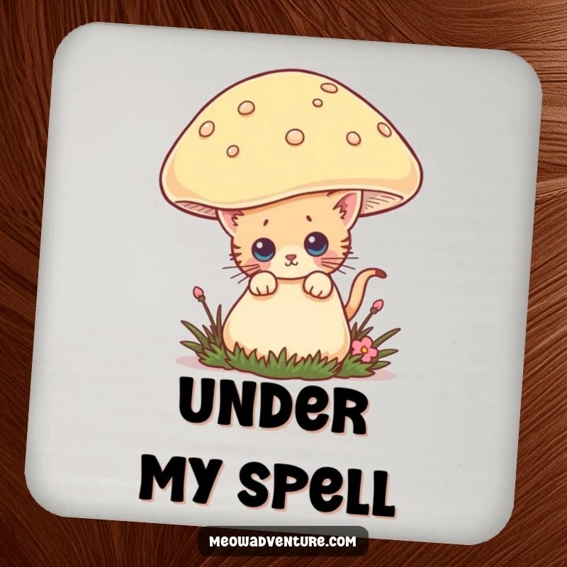 Funny drink coaster featuring a curious kitten peeking from behind a giant mushroom, adding a humorous and protective touch to any surface.