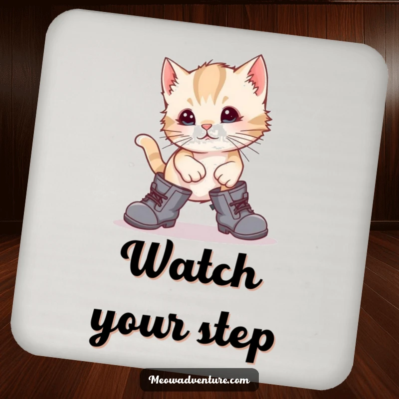 Funny kitten tripping in oversized boots, depicted on drink coasters, adding a humorous touch to your table setting.