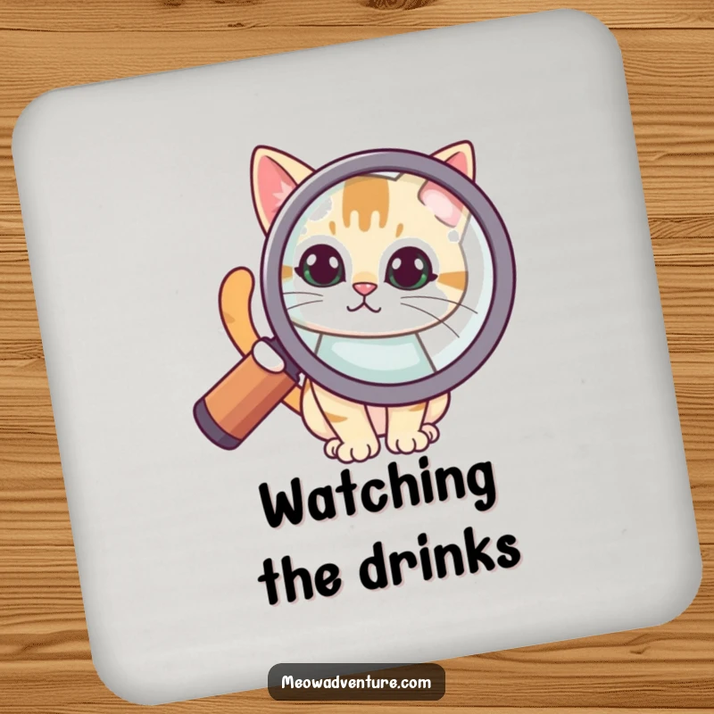Funny drink coaster showing a cat peering through a large magnifying glass, perfect for adding a touch of playful investigation.