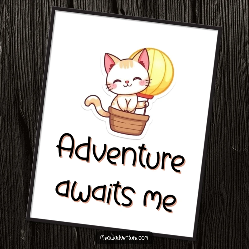 Funny Cat Poster: A mischievous cat character rides a tiny, glowing hot air balloon, creating whimsical and humorous wall art.