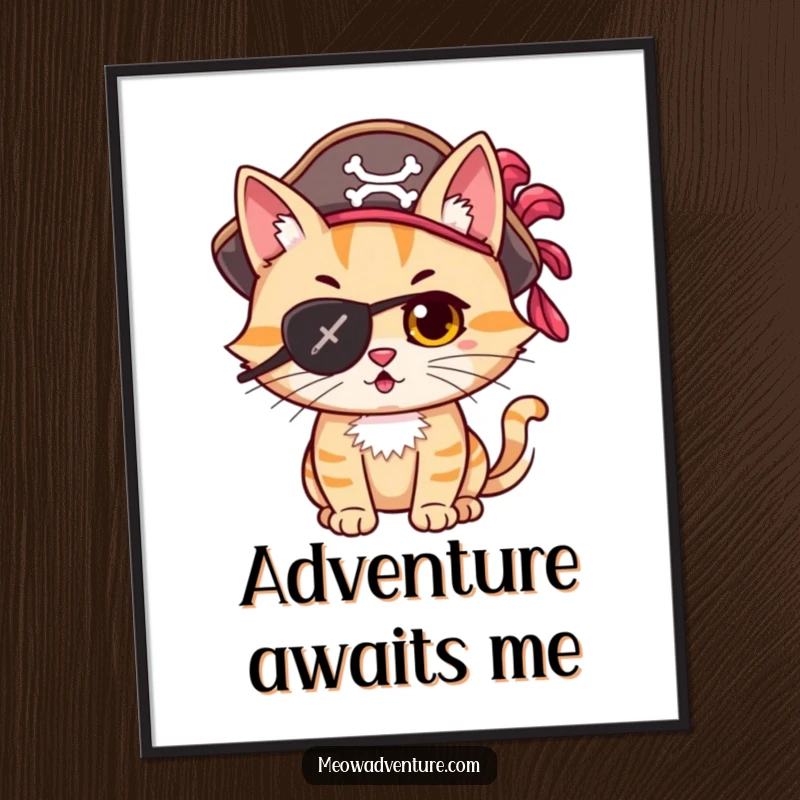 Funny mischievous cat pirate with an eye patch and feathered hat, looking adventurous, on a vibrant poster.
