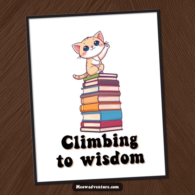 Funny poster featuring a courageous cat ascending a massive pile of books, embodying determination and a love for learning.