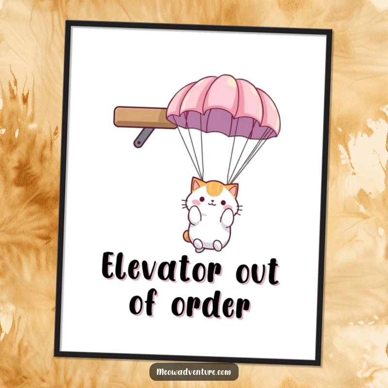 Funny cat poster: a fluffy cat with a small parachute, descending softly from a high shelf with a peaceful expression.