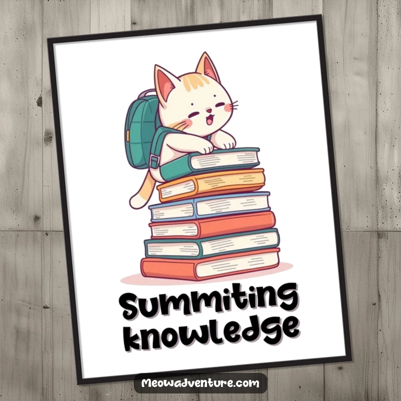 Funny cat with a backpack climbing a stack of books like a mountain, on a vibrant poster.