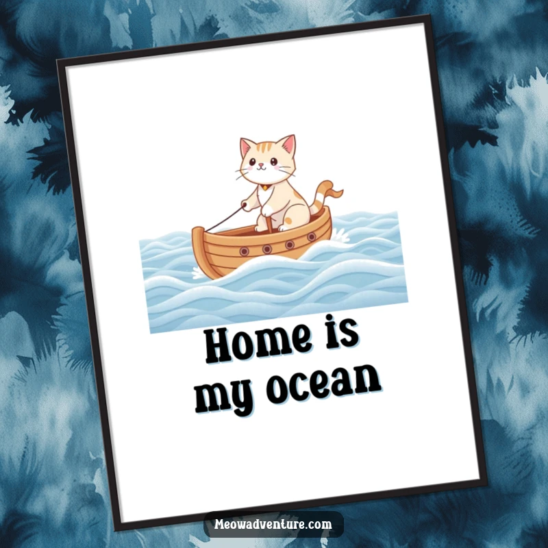Funny poster print of a brave cat confidently sailing a small toy boat across a textured carpet, like a vast ocean.