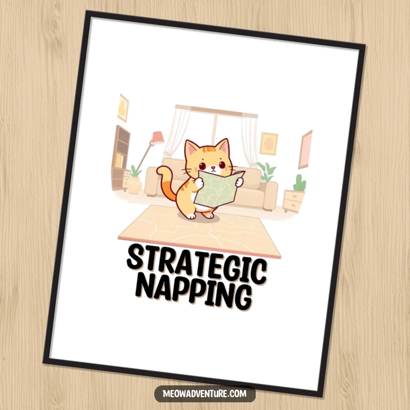 Funny poster showcasing a determined cat with a map, plotting a course across a living room floor, conveying strategy.