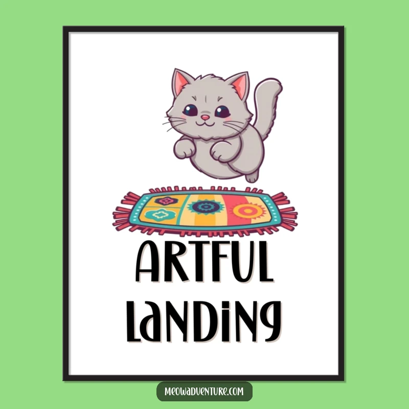 Funny Cat Rug Leap Poster: Decorate with Playful Feline Action
