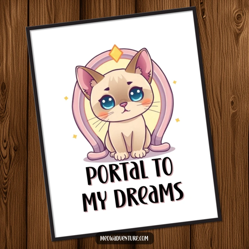 Funny Curious Siamese Cat Portal Poster showing a Siamese cat intently observing a luminous, magical portal. A piece of humorous, mystical art.
